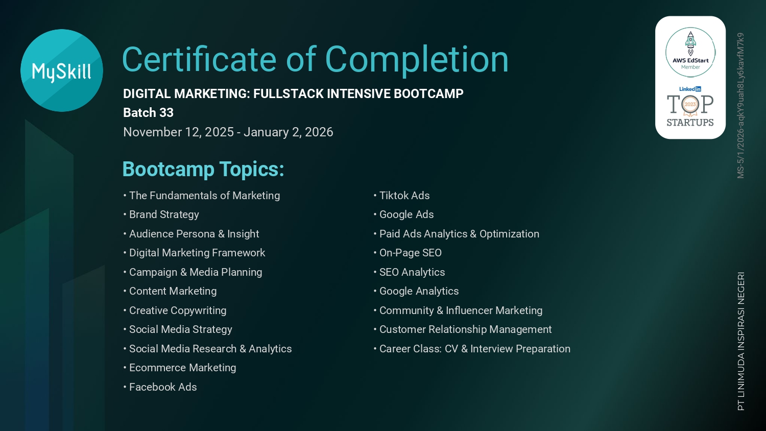 MySkill Digital Marketing Fullstack Intensive Bootcamp curriculum topics
